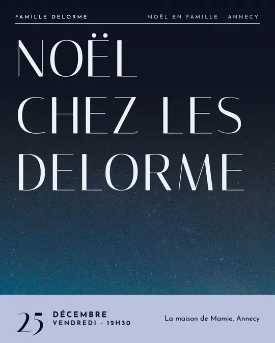 Flyer d'exemple, modèle « Couverture · Minuit argenté », occasion Noël : « Noël chez les Delorme »