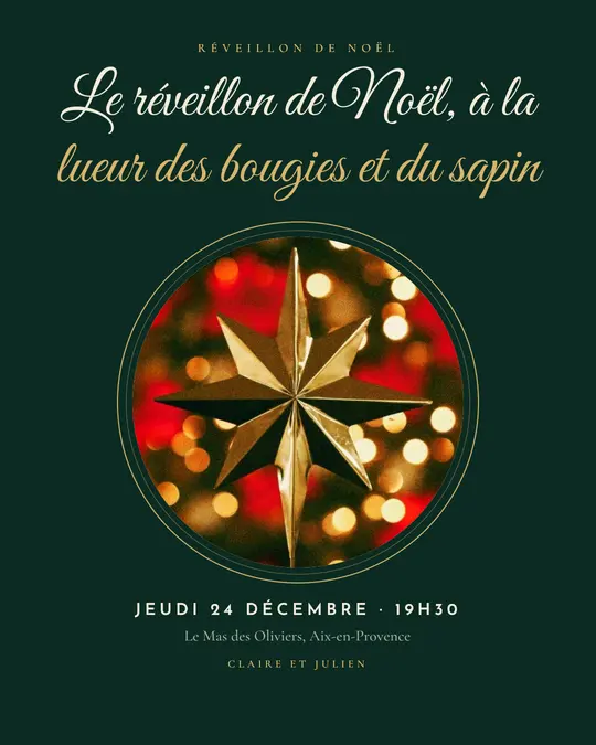 Flyer d'exemple, modèle « Médaillon · Émeraude dorée », occasion Noël : « Le réveillon de Noël, à la lueur des bougies et du sapin »