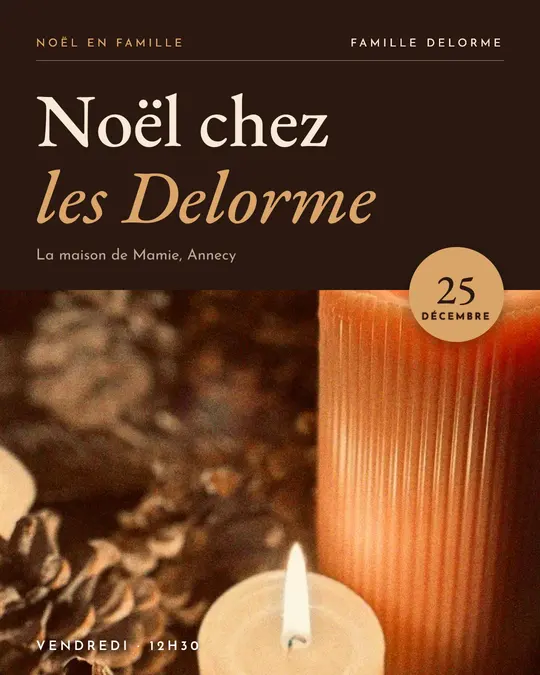 Flyer d'exemple, modèle « Pied photo · Chocolat et crème », occasion Noël : « Noël chez les Delorme »