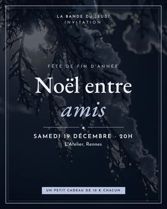 Flyer d'exemple, modèle « Carton encadré · Minuit argenté », occasion Noël : « Noël entre amis »