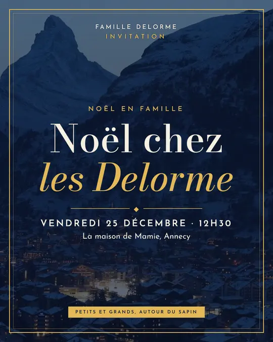 Flyer d'exemple, modèle « Carton encadré · Nuit et or », occasion Noël : « Noël chez les Delorme »