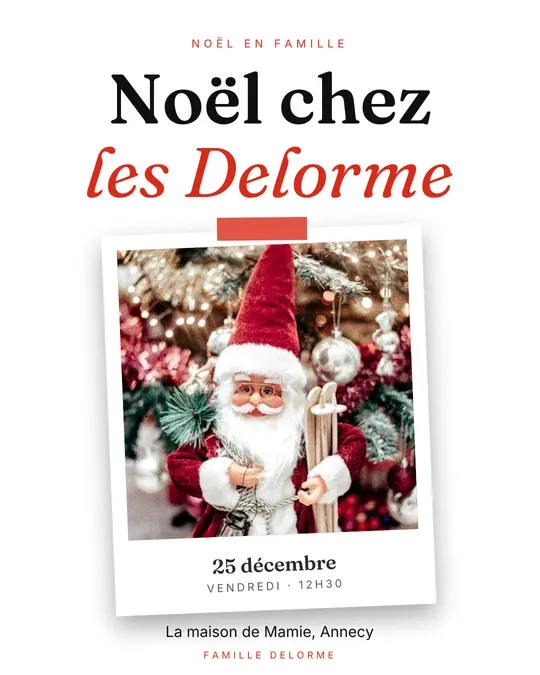 Flyer d'exemple, modèle « Tirage · Blanc et rouge », occasion Noël : « Noël chez les Delorme »