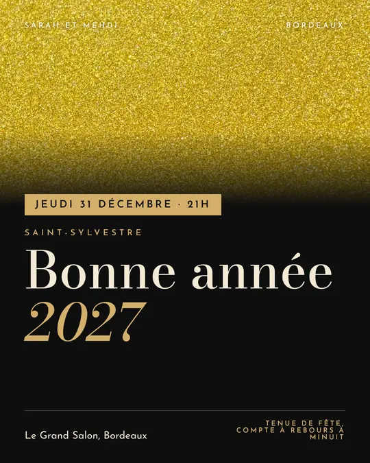 Flyer d'exemple, modèle « Bandeau · Noir et or », occasion Nouvel An : « Bonne année 2027 »