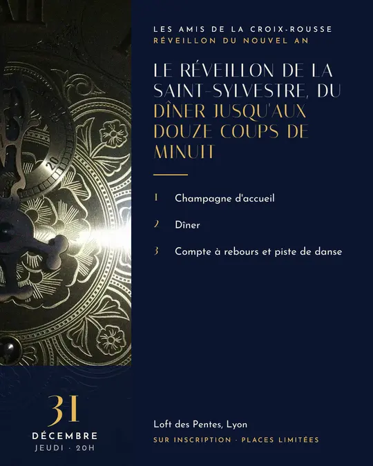 Flyer d'exemple, modèle « Colonne · Nuit et or », occasion Nouvel An : « Le réveillon de la Saint-Sylvestre, du dîner jusqu'aux douze coups de minuit »