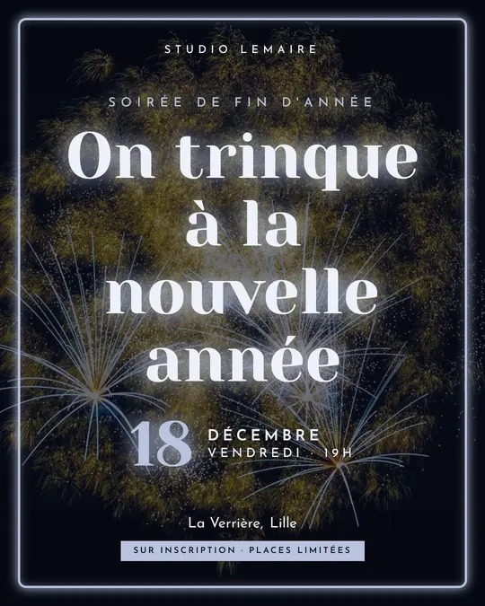 Flyer d'exemple, modèle « Néon · Minuit argenté », occasion Nouvel An : « On trinque à la nouvelle année »