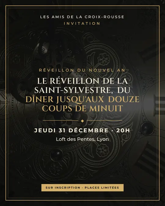 Flyer d'exemple, modèle « Carton encadré · Noir et or », occasion Nouvel An : « Le réveillon de la Saint-Sylvestre, du dîner jusqu'aux douze coups de minuit »