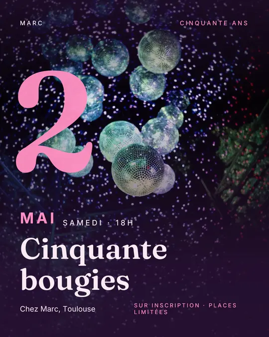 Flyer d'exemple, modèle « Date géante · Prune et rose », occasion Anniversaire : « Cinquante bougies »