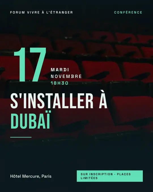 Flyer d'exemple, modèle « Grande affiche · Encre et menthe », occasion Conférence : « S'installer à Dubaï »