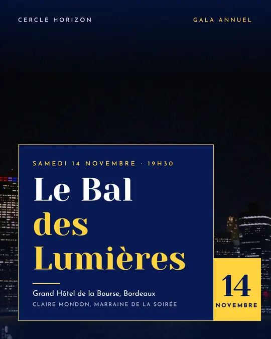 Flyer d'exemple, modèle « Carte posée · Bleu électrique », occasion Gala : « Le Bal des Lumières »