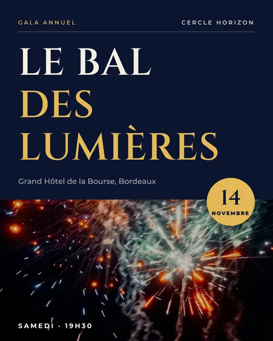 Flyer d'exemple, modèle « Pied photo · Nuit et or », occasion Gala : « Le Bal des Lumières »