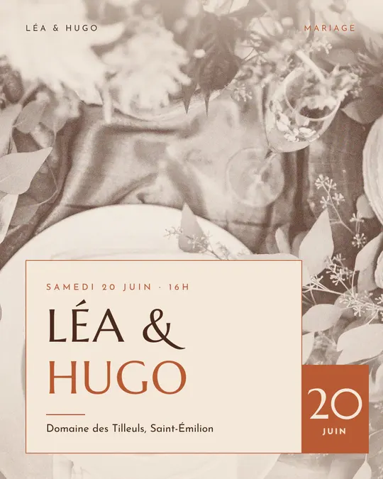 Flyer d'exemple, modèle « Carte posée · Sable et terracotta », occasion Mariage : « Léa & Hugo »